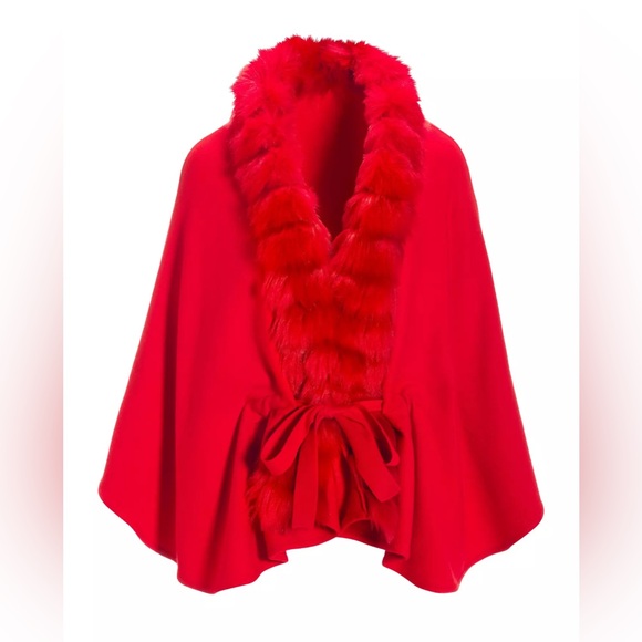 Boston proper Faux Fur Tie Waist Poncho Racing Red- Worn once - Picture 6 of 12